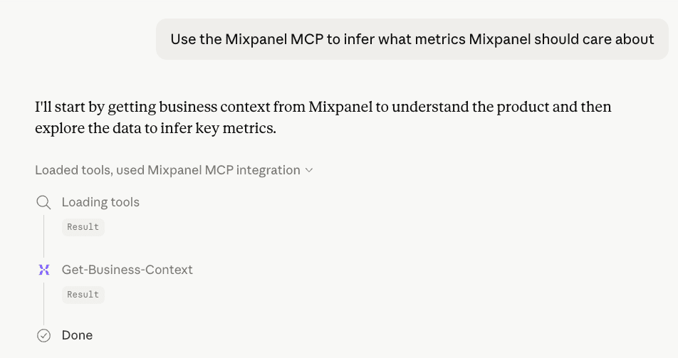 Claude using the Get-Business-Context tool from the Mixpanel MCP integration to answer a question about which metrics to prioritize
